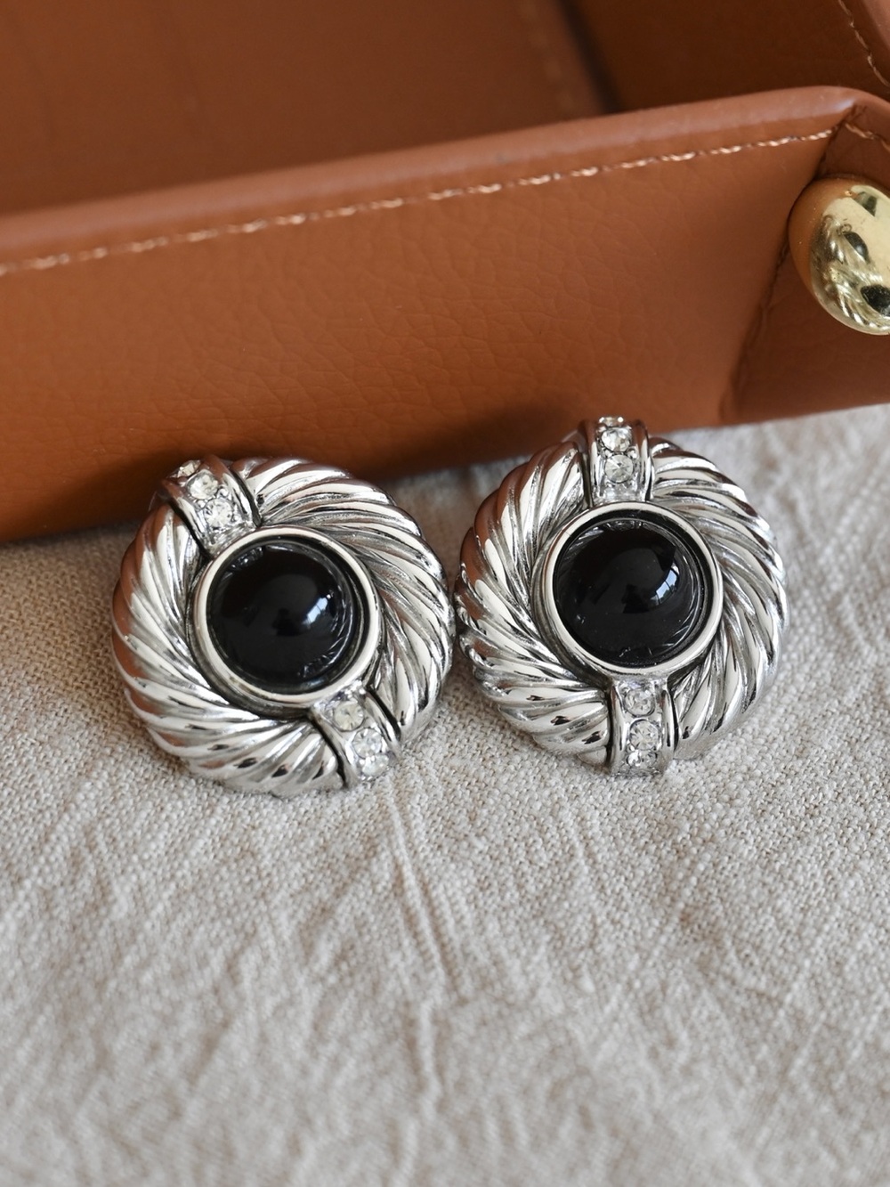 Authentic Vintage Givenchy Black Glass Cabochon Braided Silver Clip-On Earrings
